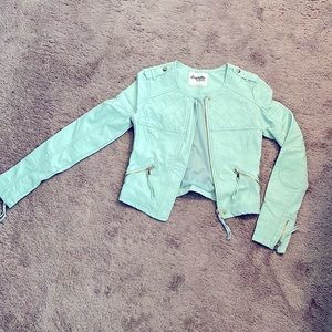 Mint green faux leather bomber jacket